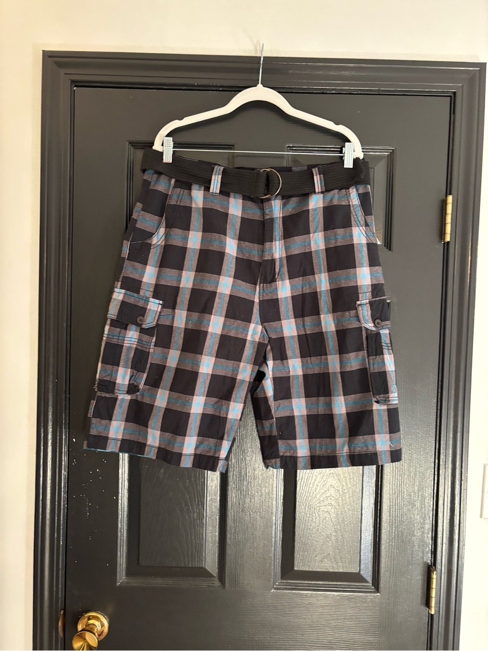 Airwalk Black Plaid Cargo Shorts with Light Blue Accents